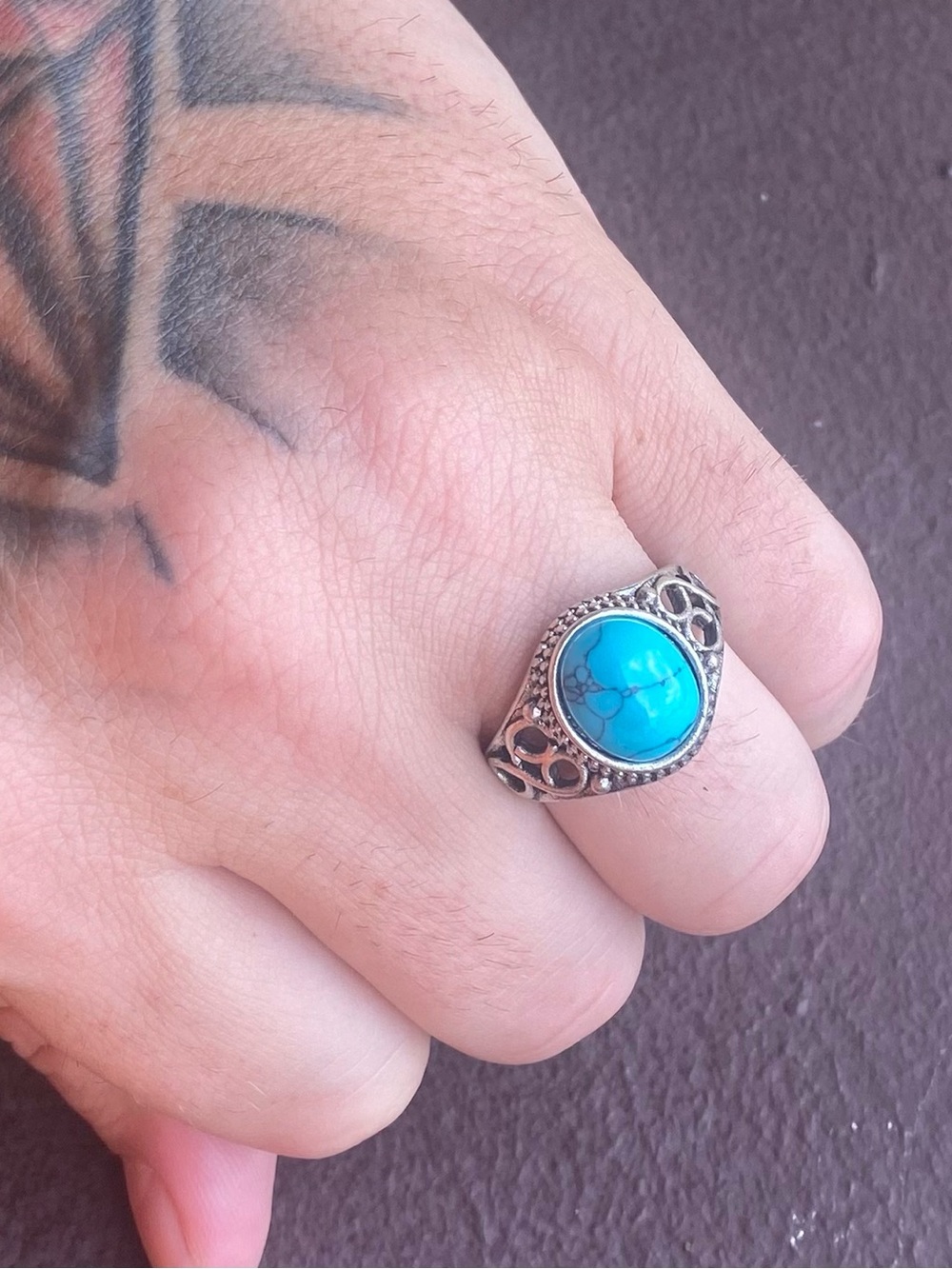 Tibetan Silver Turquoise Cabochon Oval Statement Ring Size 9.5 - Picture 3 of 6